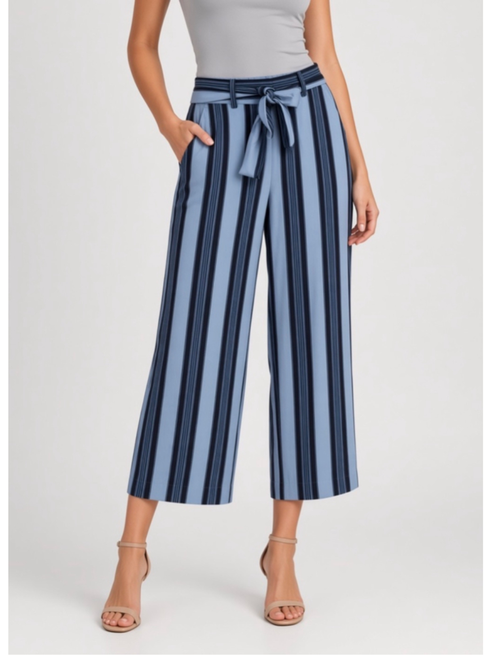 LOFT Petites Blue Striped Tie Waist Wide Leg Crop Pants Trousers Size 00P